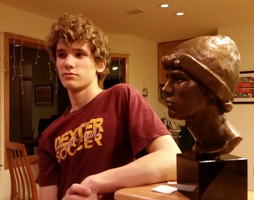 Wesley with portrait bust of himself at his grandparents' house